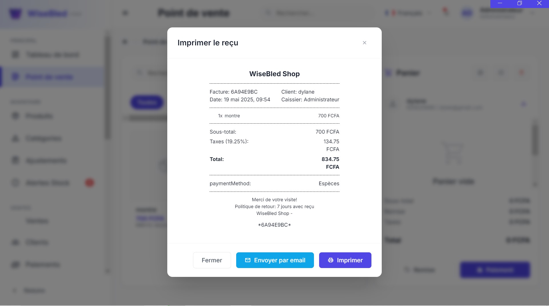 Impression reçus WiseBled