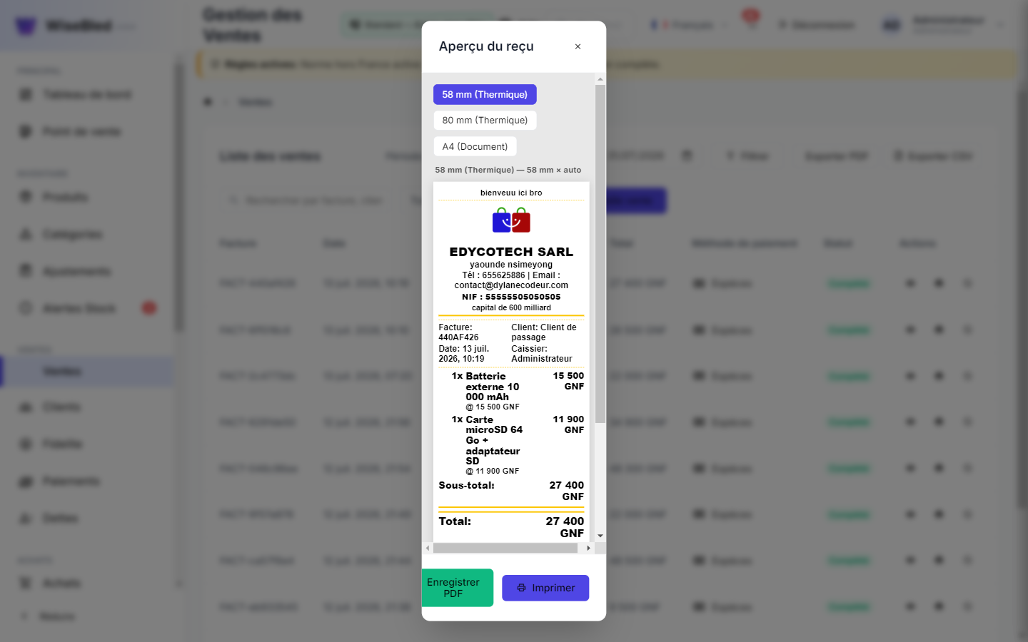 Aperçu et impression des reçus WiseBled