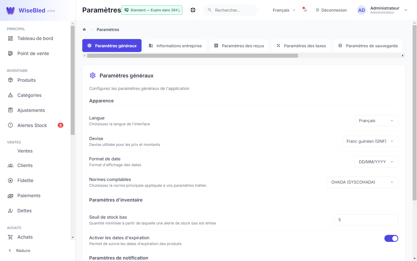 Paramètres WiseBled
